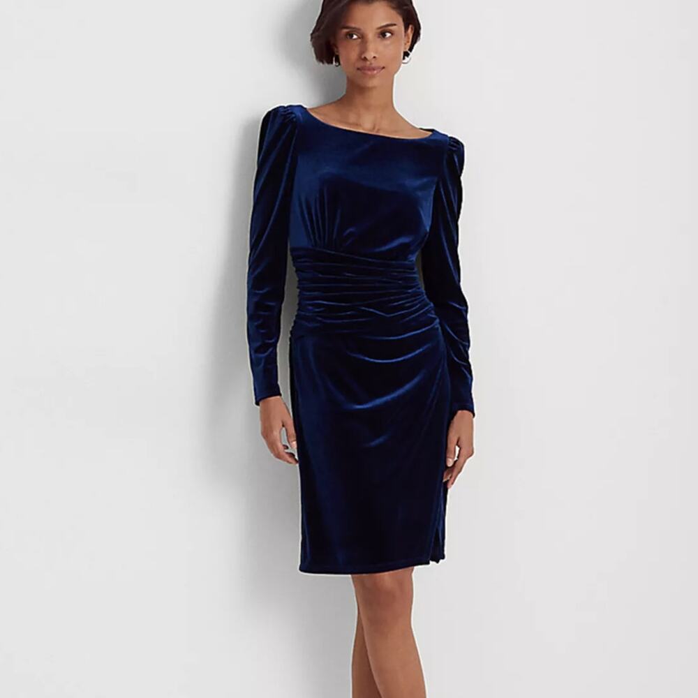 LAUREN RALPH LAUREN Ruched Velvet Puff Sleeve Dress Navy Blue {T16}
